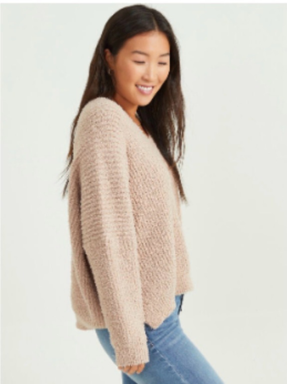 Altar'd State Plush V-Neck Sweater in Light Taupe